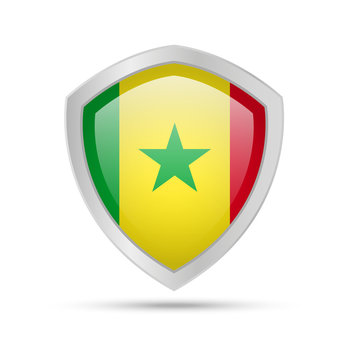 Shield with Senegal flag on white background. Vector illustration.