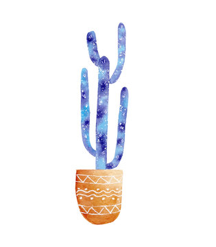 Watercolor galaxy handpainted cactus plant isolated on white background.