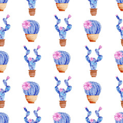 Seamless pattern with galaxy watercolor hand painted exotic cactus and pink flowers .