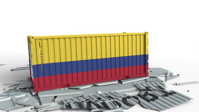 Cargo container with flag of Colombia breaks container with IMPORT text. Conceptual 3D animation