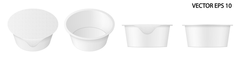 Vector set of realistic images (mock up, layout) of open and closed plastic packaging (cup) for yogurt or other food, isolated on white. Front view and perspective view. EPS 10.