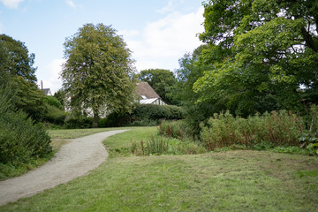 Trees, grass and winding path in the park during summer. Ponteland park in Northumberland, England.