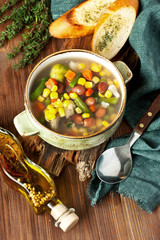  Ceramic bowl of minestrone soup with  toasts