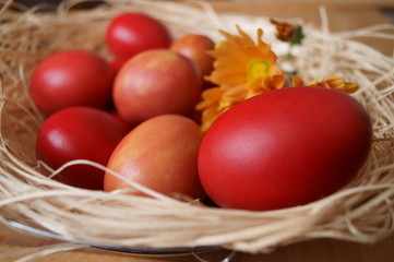 Easter background with red eggs