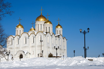 Assumption church in Vladimir town, Russia, famous by its frescoes painted by Andrey Rublev. Popular landmark. Color photo.
