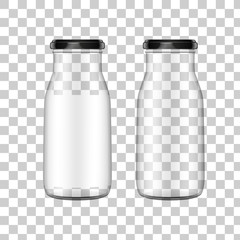 Vector realistic image (mock up, layout) of a transparent glass bottle with black lid. EPS 10.