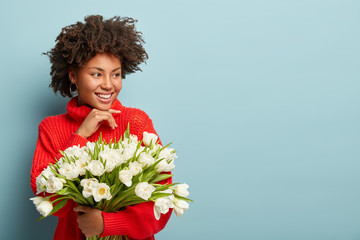 Cheerful glad young Afro American lady, keeps hand under chin, dressed in red sweater, dreams about date with lover, holds white flowers, isolated on blue wall with free space aside. Blossom