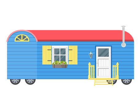 blauer Bauwagen Tiny House Holzhaus Flat Design isoliert auf wei&szlig;em Hintergrund