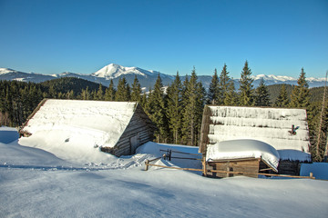 abandoned wooden hut in winter Carpathian mountains. shepherds' huts in the winter Carpathians on the background of snow-covered mountain ridges and coniferous forest. 