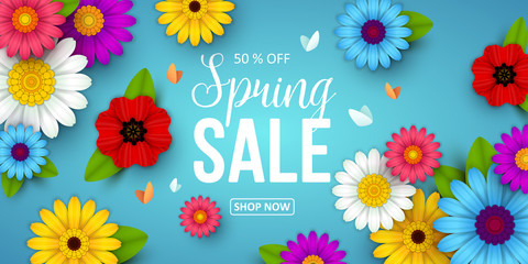 Spring sale background with beautiful flowers. Vector illustration