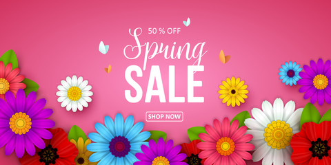 Spring sale background with beautiful flowers. Vector illustration