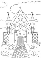 An old castle with many towers and flags. Hand drawn picture. Sketch for anti-stress adult coloring book in zen-tangle style. Vector illustration for coloring page, isolated on white background. 