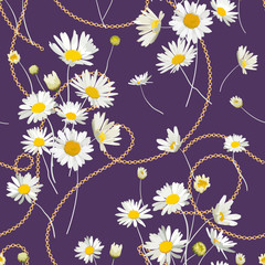 Fashion Seamless Pattern with Golden Chains and Daisy Flowers. Fabric Textile Floral Print with Chamomile and Jewelry Elements. Vector illustration