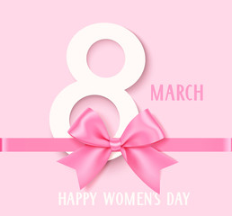 Womens Day 8 March design template. Decorative number eight with pink bow and horizontal ribbon. Vector illustration