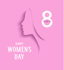 Womens Day 8 March design template. Decorative woman silhouette on pink background. Vector illustration