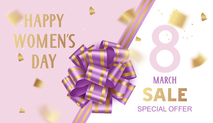 Happy Womens Day. 8 March sale design template. Purple bow with golden confetti. Vector illustration