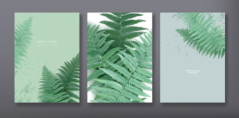 Floral trendy greeting or invitation card template design, set of poster, flyer, brochure, cover, party advertisement, dark green fern leaves in vector © wooster