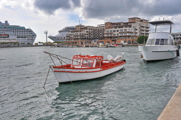 Red Boat in Marina in Oranjestad, Aruba