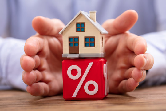 Person Protecting House Model Over Cube With Percentage Symbol