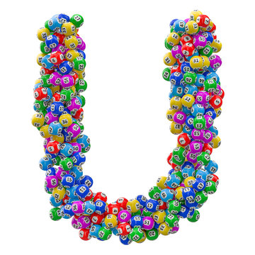 Alphabet letter U, from lottery balls. 3D rendering