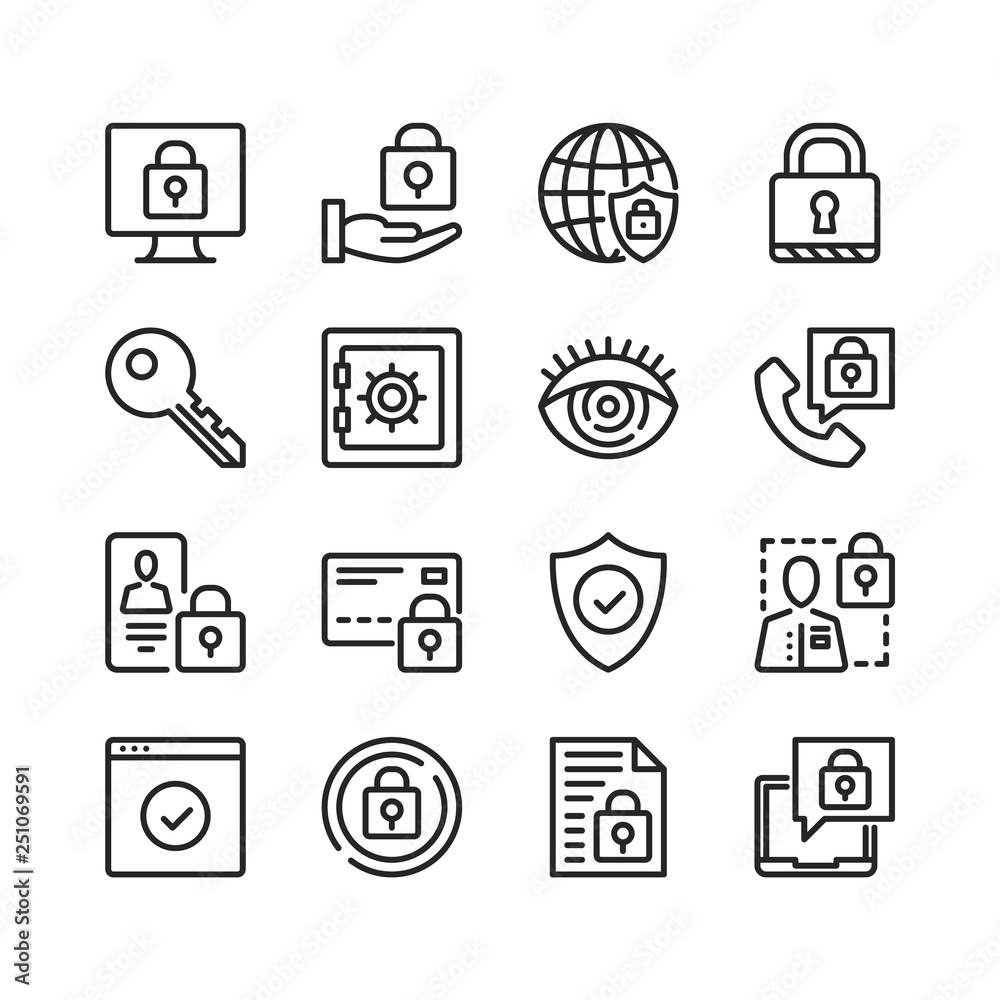 Poster data protection icons set. computer security, information security concepts. pixel perfect. thin lin
