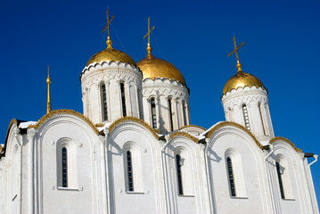 Assumption church in Vladimir town, Russia, famous by its frescoes painted by Andrey Rublev. Popular landmark. Color photo.