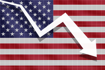 Fototapeta premium arrow fall down on the background of the flag USA, economy 
