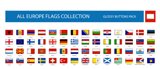 All Europe Flags round rectangle glossy icon isolated on white