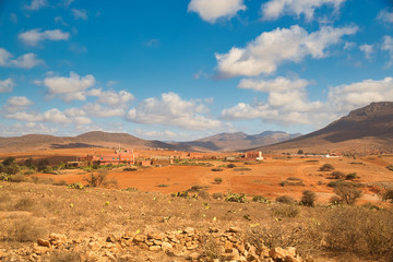 Panoramic Moroccan landscape with hills and cactuses