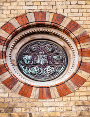 A foundation plaque showing the shields of the various civic bodies who financed the project. , Abbey Mills Pumping Station