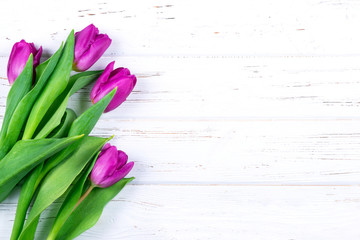 Purple tulips bouquet on white wooden background. 