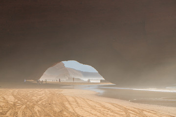 Legzira Beach view, ocean coast in Morocco, arch view.