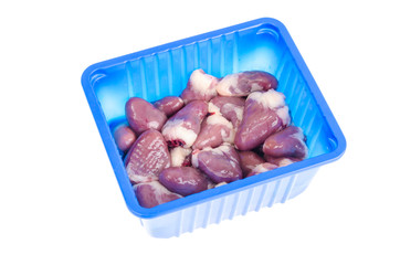 Chicken liver in plastic packaging isolated on white background.