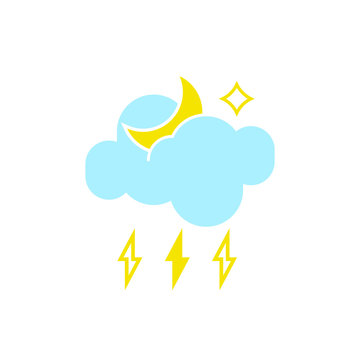 Vector weather icon of a blue cloud with lightning and moon to show the stormy night forecast and the current climate outside for applications, widgets, and other meteorological designs.