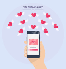 Valentine's day illustration.Send or receive love sms, letter, email with mobile phone. Human hand hold cellphone isolated on  background. Envelope, flying red heart with wings