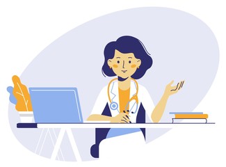 Medicine concept with doctor in thin line style. Practitioner young doctor woman sits by the table in hospital medical office. Consultation and diagnosis.
