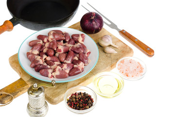 Chicken liver, spices, ingredients for cooking