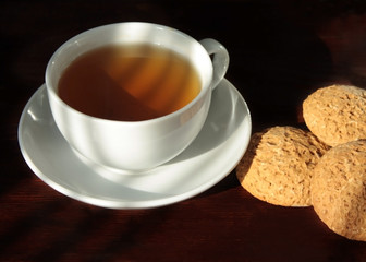 White cup with green tea on a saucer with a few oatmeal cookies in the morning sun