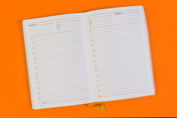 Open diary on orange background.