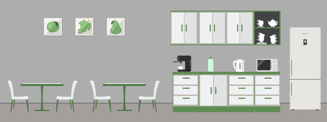 Green office kitchen. Dining room in office. There are kitchen cabinets, tables, chairs, a fridge, microwave, kettle, cups and coffee machine in the image. There are pictures with fruits on the wall