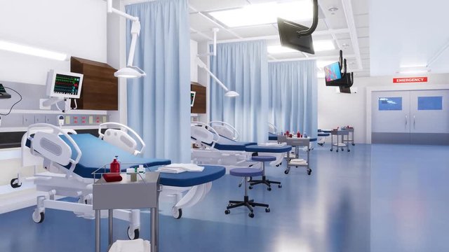 Light and clean emergency room interior in a modern clinic with empty  hospital beds and various medical equipment. With no people 3D animation on  medicine and health care theme rendered in 4K