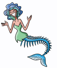 Skinny cartoon mermaid with short blue hair vector illustration