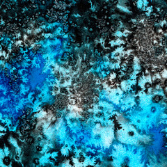 Watercolor hand painted decorative textured spots in blue,black and dark blue colors. Delicate modern galaxy style .