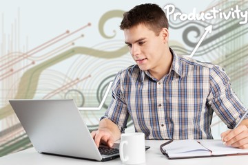 Smiling Student man with laptop and coffee