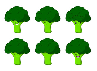 Vector illustration of an broccoli Cute cartoon vegetable vector character set isolated on white. Emotions. Stickers. Kawaii