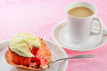 Backlight on Morning Coffee and Strawberry Cupcake