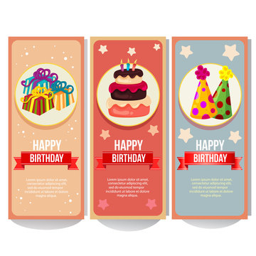 colorful birthday banner collection with present party hat