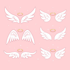 Sparkle angel fairy wings with gold nimbus, halo isolated on background. Vector cartoon design.