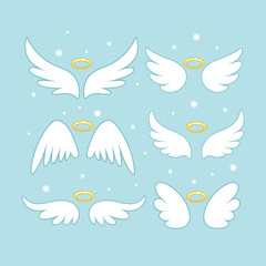 Sparkle angel fairy wings with gold nimbus, halo isolated on background. Vector cartoon design.