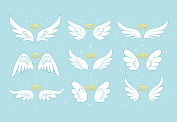 Naklejka na ściany i meble Sparkle angel fairy wings with gold nimbus, halo isolated on background. Vector cartoon design.